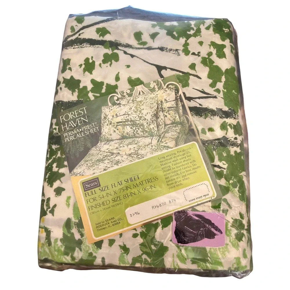 Vintage Sears Forest Haven Full Flat Sheet Cottagecore Woodland Botanical Cabin